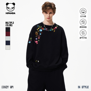 Hipanda你好熊猫个性设计感圆领时髦圆领卫衣男2026春季新款上衣