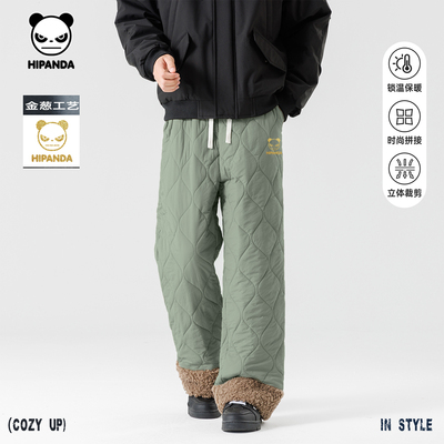 Hipanda你好熊猫拼接保暖时尚直筒休闲裤棉裤男2025冬季新款长裤C
