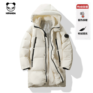 Hipanda你好熊猫加厚中长款连帽羽绒服男白鸭绒外套2025年冬季
