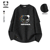 Hipanda你好熊猫美式 体恤C 新款 透气复古蜡染圆领长袖 T恤2026春季