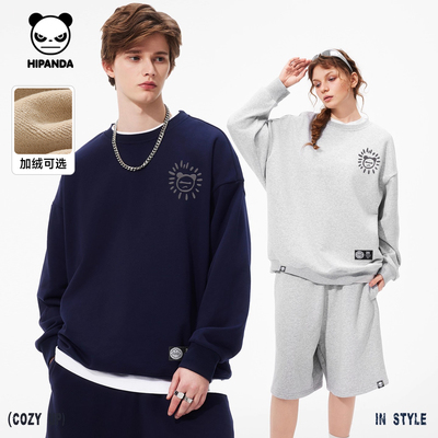 Hipanda你好熊猫潮牌毛圈肌理感简约加绒卫衣圆领套头衫2026冬款C