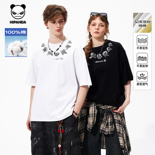 新款 T恤情侣2025夏季 复古高级印花纯棉短袖 Hipanda你好熊猫美式