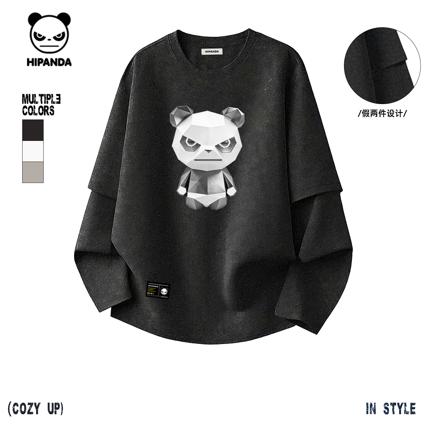 Hipanda你好熊猫潮牌蜡染假两件长袖个性小众体恤2026春季新款T恤
