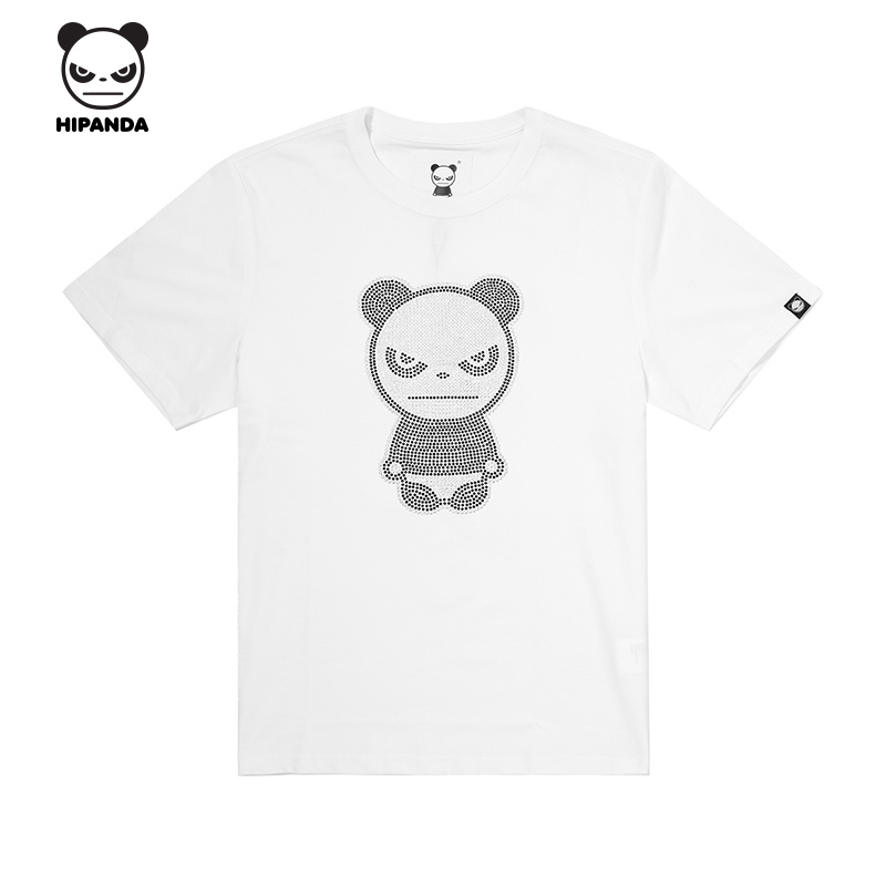 Hipanda你好熊猫设计潮牌男款熊猫施华钻短袖Tshirt 休闲上衣T恤