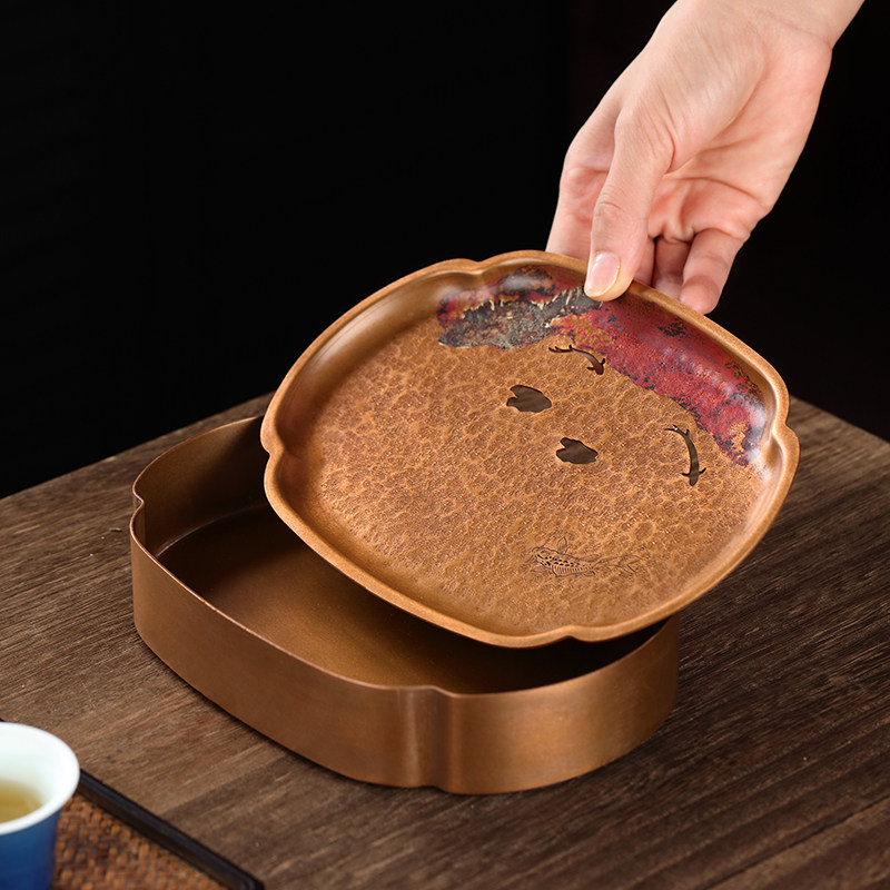 好茗天 紫铜储水茶台干泡盘 家用茶具壶承紫砂壶托金属旅行小茶盘