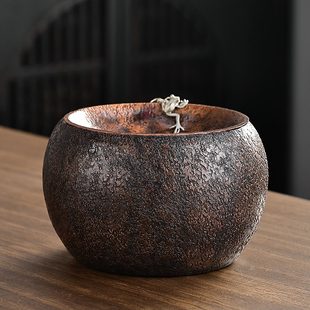 手工紫铜茶洗茶渣缸 建水高档水盂废水桶功夫茶具配件嵌银茶水缸