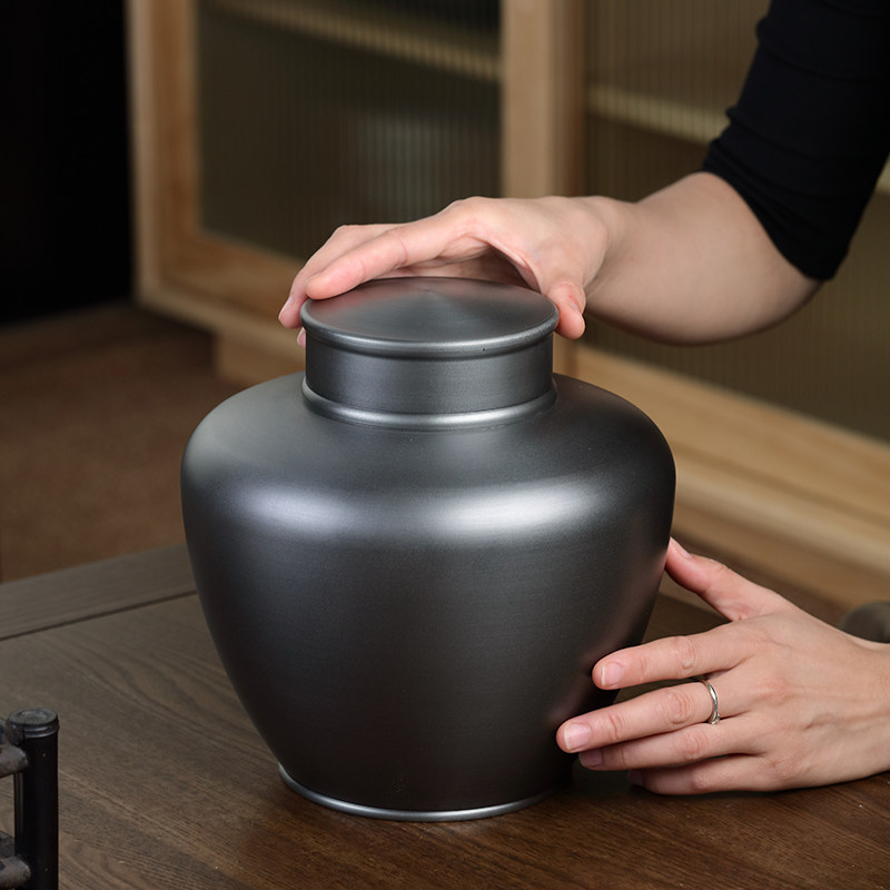 好茗天锡罐大号陶罐型纯锡茶叶罐家用双盖密封做旧存茶罐茶仓入