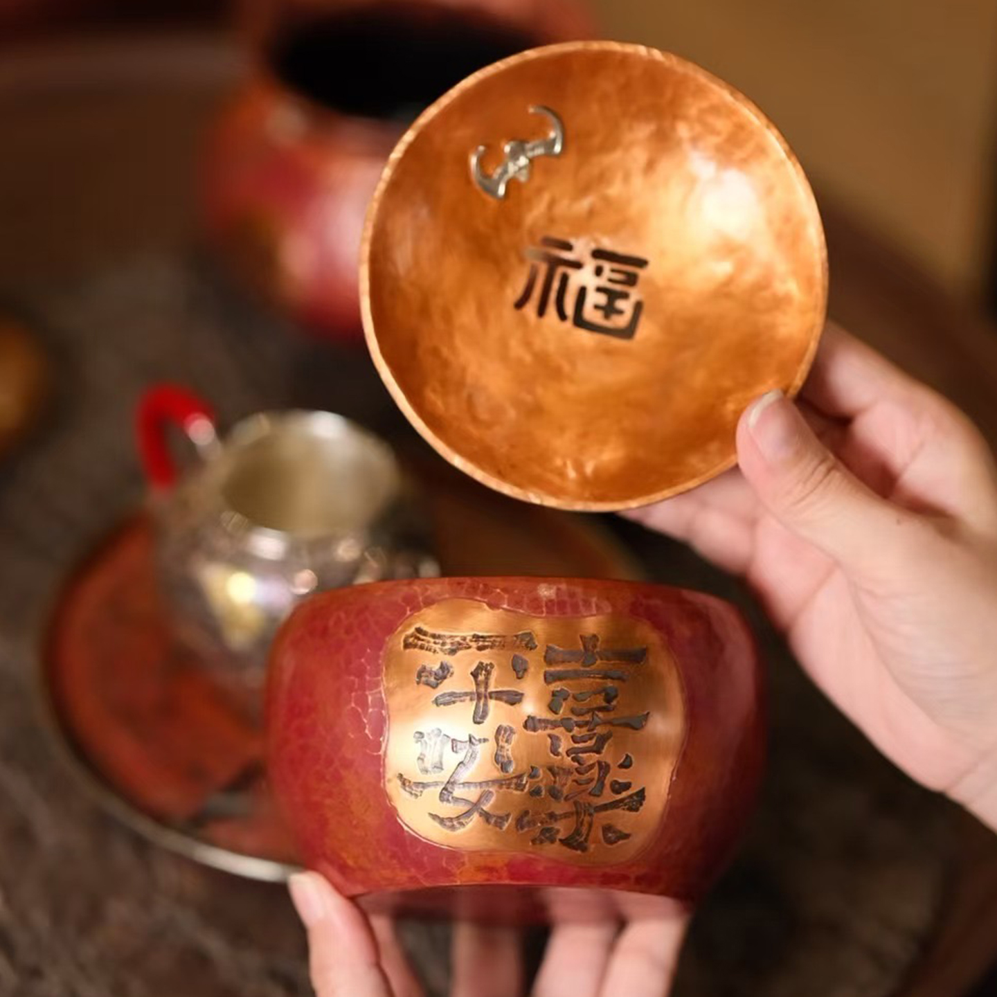 纯紫铜手工錾刻建水茶水水盂