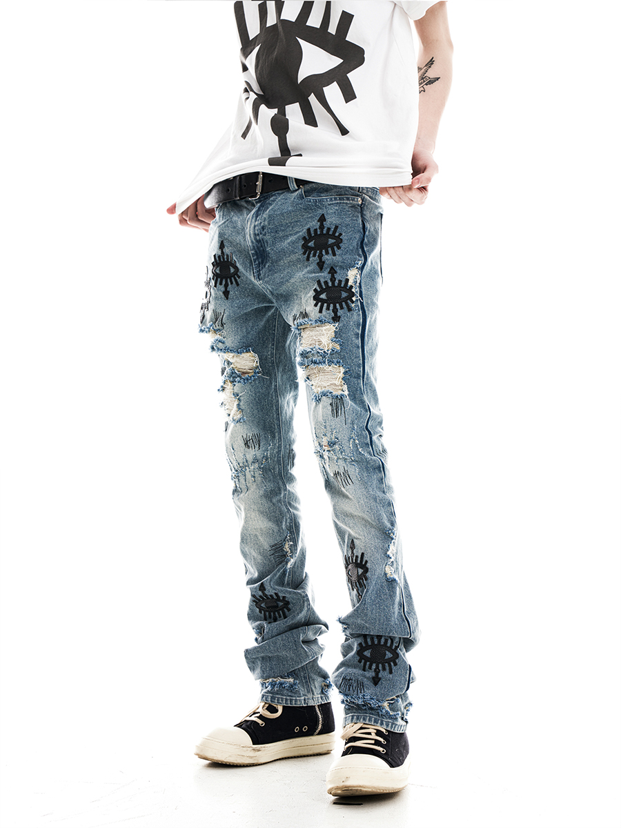 芬特亨克贴皮绣刀割破坏破洞直筒