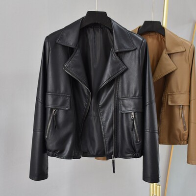 新款西装领休闲短款PU皮夹克女