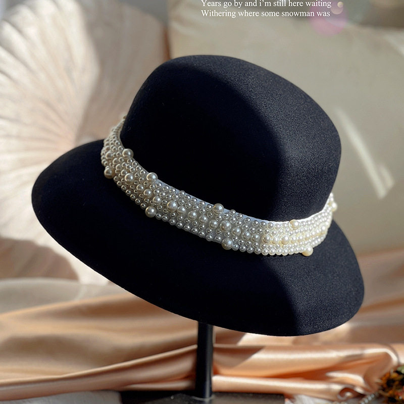 渔夫帽秋冬纯羊毛高档专柜品质珍珠毛呢帽法式赫本复古风名媛毡帽