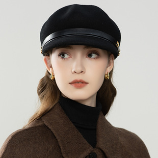 新款复古pu皮带马术帽子女秋冬澳洲羊毛毡帽百搭八角帽新款鸭舌帽