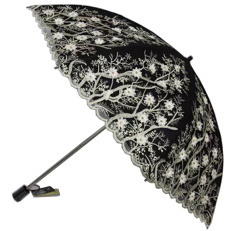 好梦双层防晒太阳伞蕾丝刺绣防紫外线遮阳伞女二折晴雨洋伞