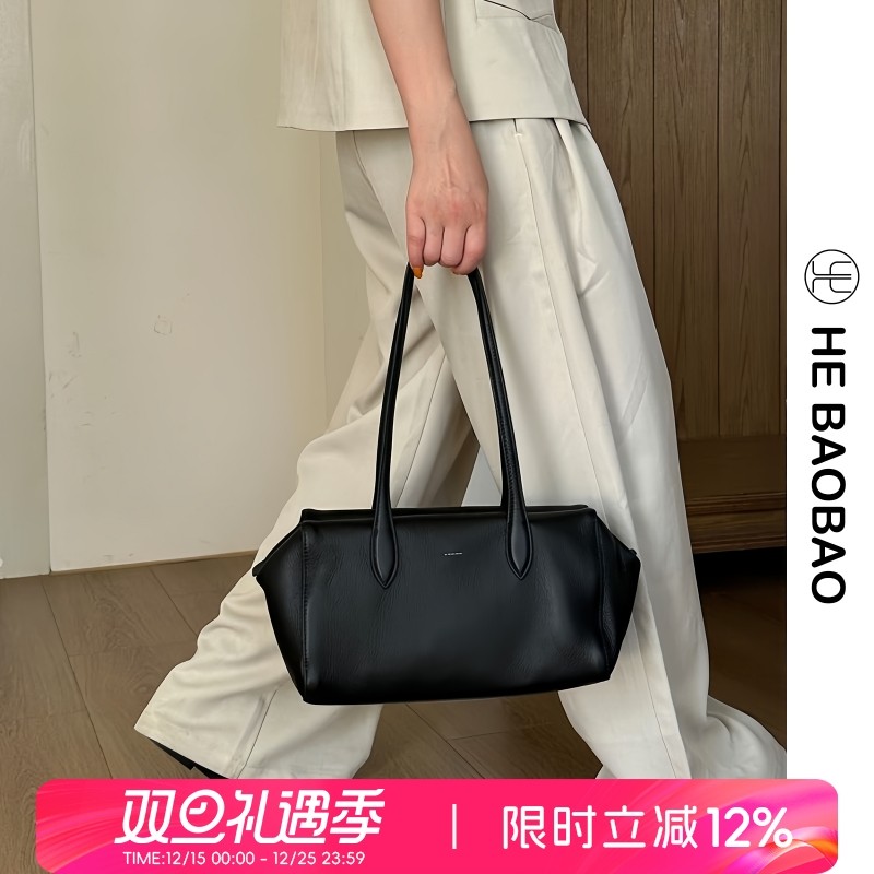 HEBAOBAO新款2025头层牛皮大容量枕头包小众设计单肩包女手提包