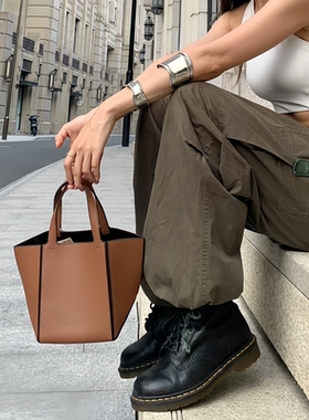 HEBAOBAO头层牛皮手提包新款折叠菜篮子饺子包小拎包单肩方包