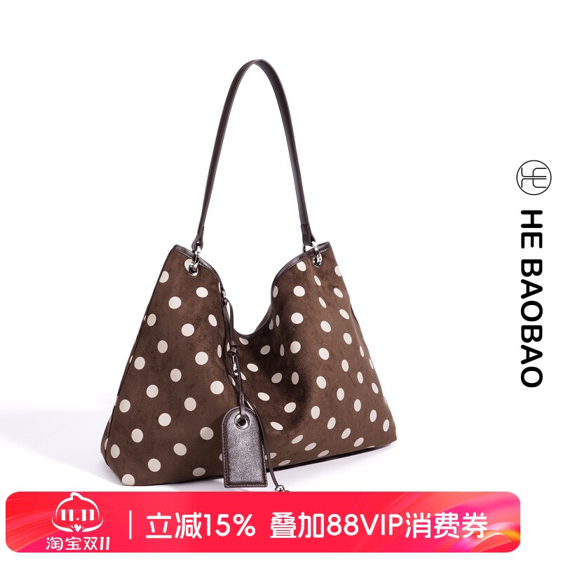 HEBAOBAO×HEJMASI新品2026年秋冬波点反绒hobo托特麂皮单肩女包