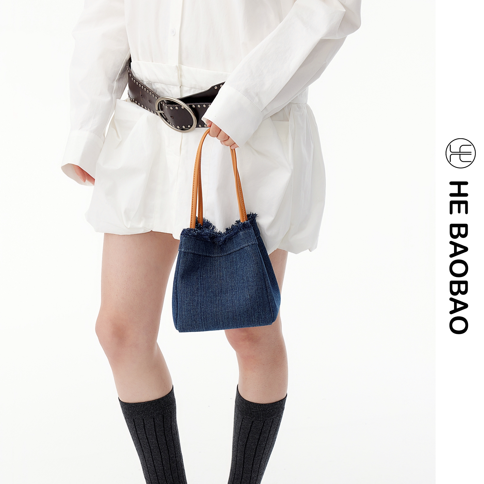 HEBAOBAO新品牛仔手提包新款拼牛皮菜篮子小拎包单肩小方包