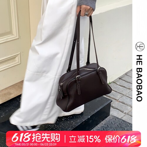 HEBAOBAO新品头层牛皮波士顿包2026新款女包百搭保龄球手提斜挎包