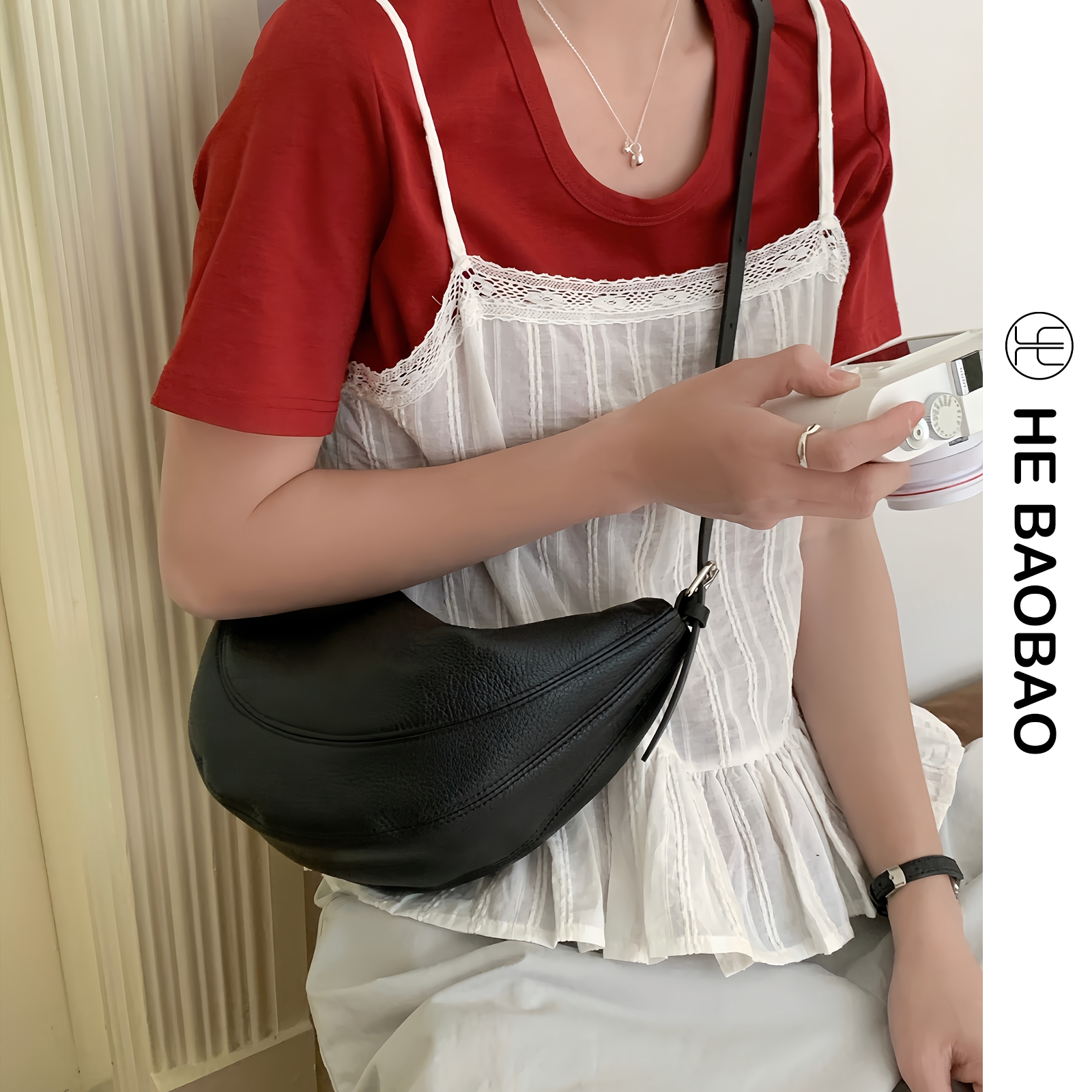 HEBAOBAO新品头层山羊皮马鞍包新款女包单肩斜挎牛角包