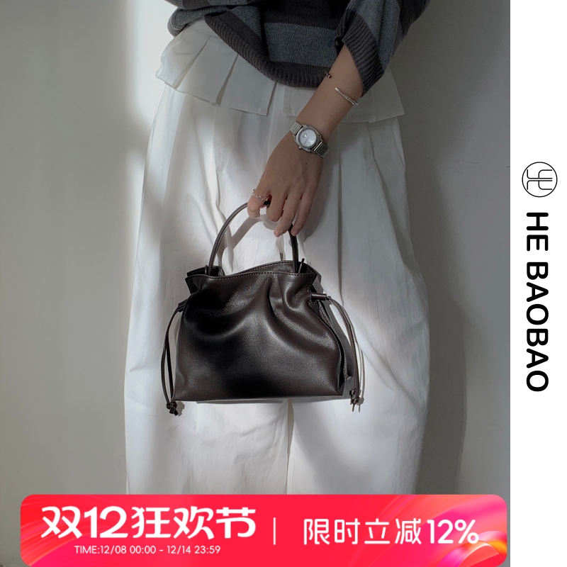 HEBAOBAO新品头层羊皮抽绳云朵包2025新款hobo单肩手提福袋女包