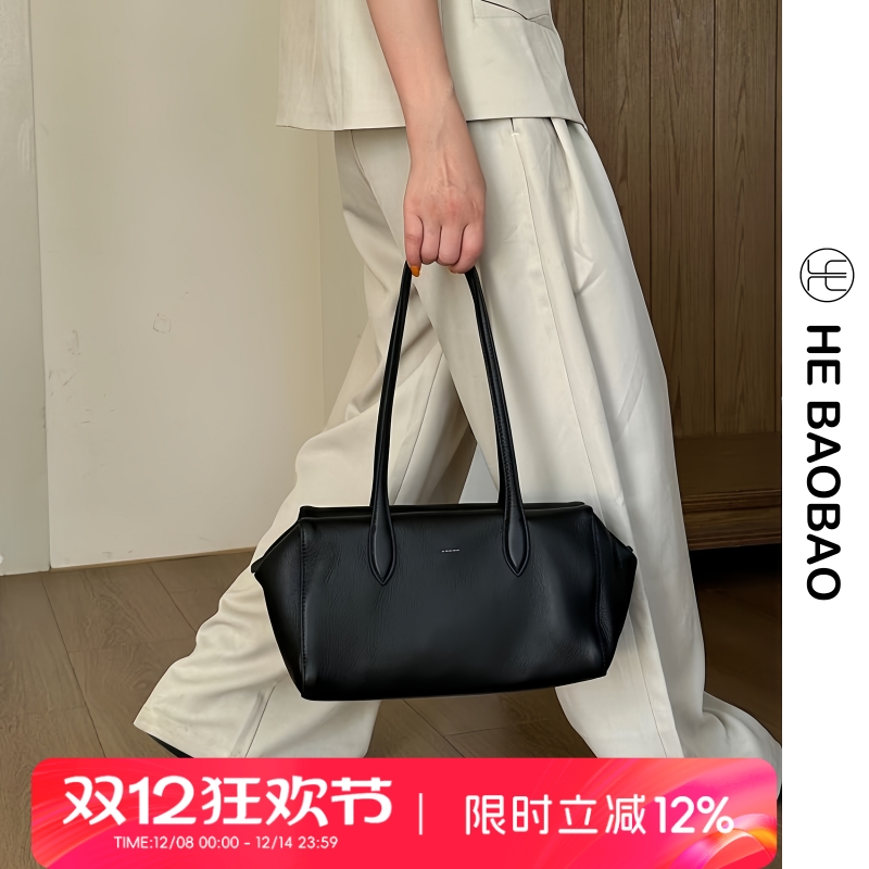 HEBAOBAO新款2025头层牛皮大容量枕头包小众设计单肩包女手提包