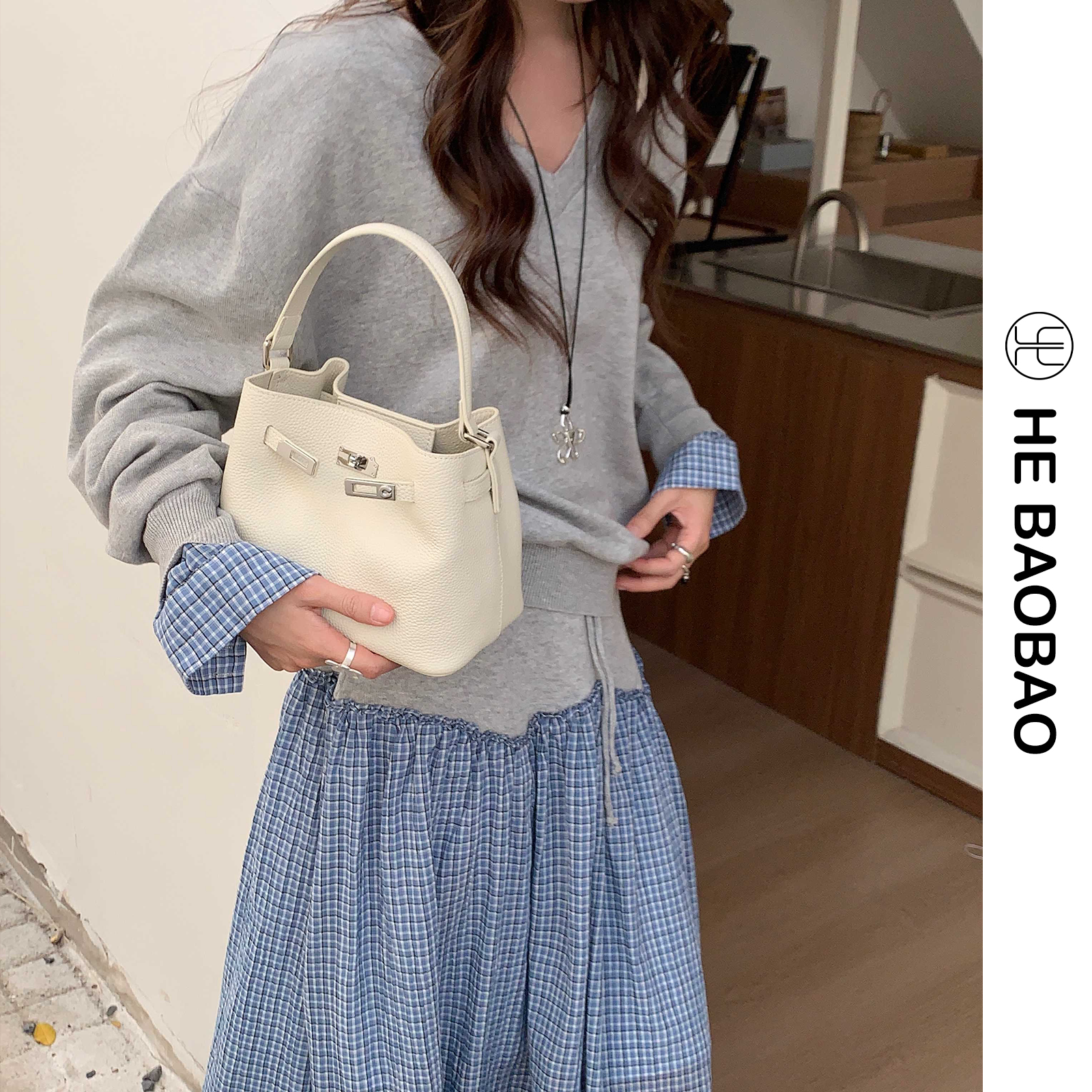 HEBAOBAO×HEJMASI秋冬牛皮手提包凯莉菜篮子小拎包单肩斜挎女包