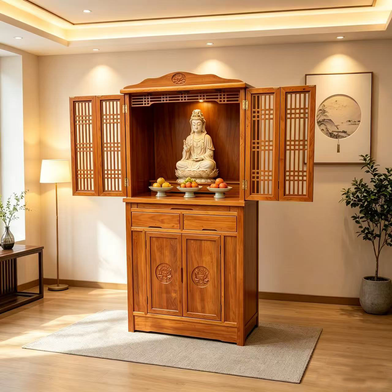 鲁班尺实木佛柜加门款神龛柜家用带门佛龛神台佛龛立柜供桌佛桌子