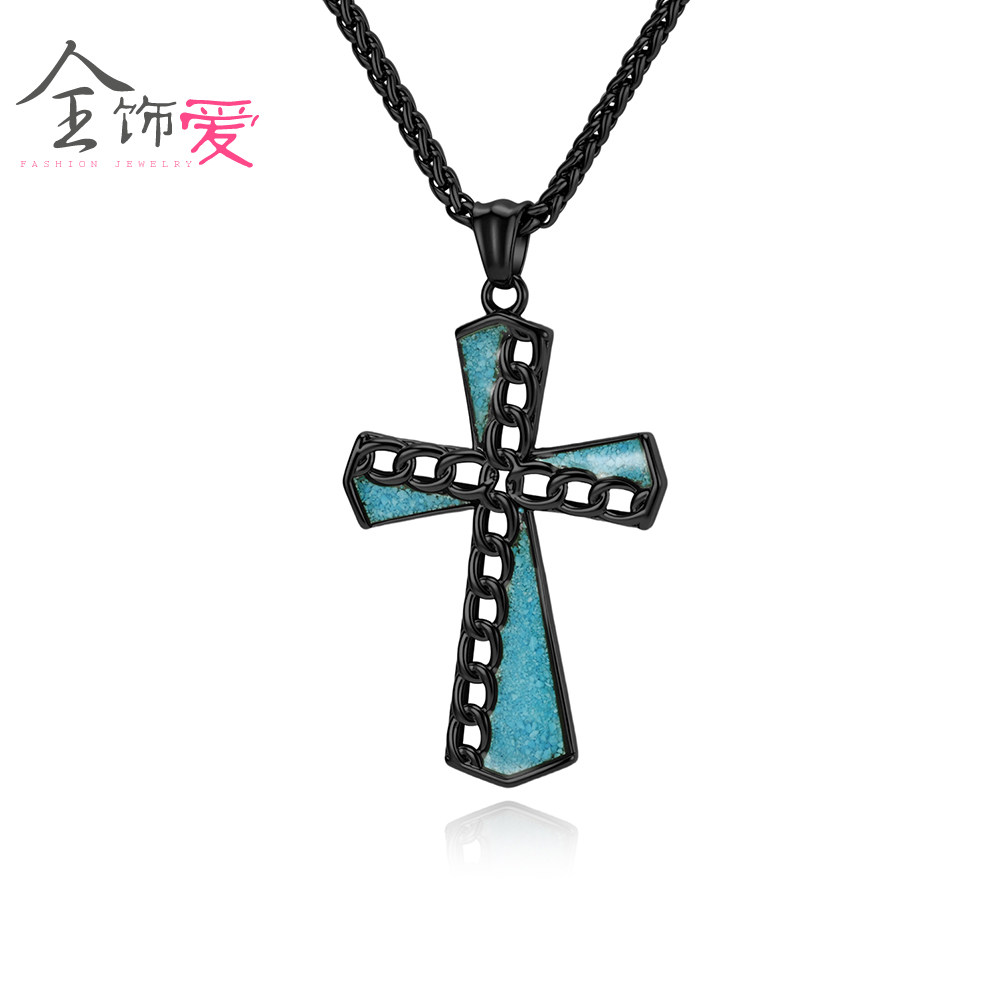全饰爱 时尚气质绿松石链条十字架项链潮男个性钛钢吊坠饰品配饰