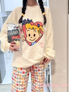 秋冬ins爱心女孩卫衣t恤休闲宽松睡衣纯棉磨毛女爱心卡通家居服