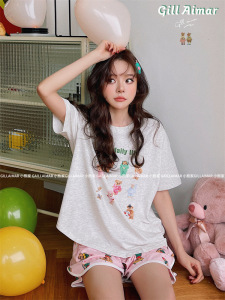Gill Aimar小熊家夏季可爱卡通滑板小熊睡衣休闲圆领短袖家居服女