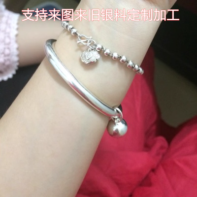银手镯999.9女简约足银镯子光面闭口圆镯铃铛实心纯手工定制饰品