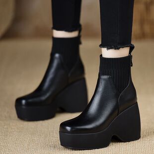 小个子厚底坡跟切尔西短靴女秋冬针织拼接真皮及踝靴防水台马丁靴