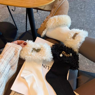 秋冬新品 外穿网红堆堆翻口中筒袜 毛毛手缝钉珠饰品纯棉小香风时尚