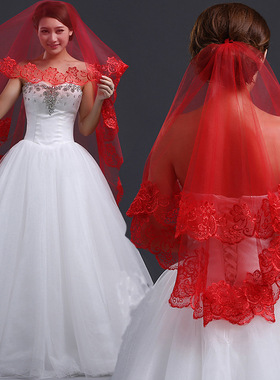 蕾丝花边1.5米红色婚纱头纱新款结婚礼服Veil Wedding Red T018