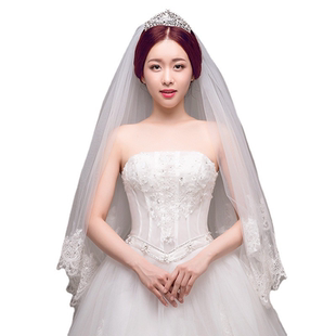 新娘头纱韩式蕾丝花边长款结婚白色头纱婚纱配饰Bride Veil T025