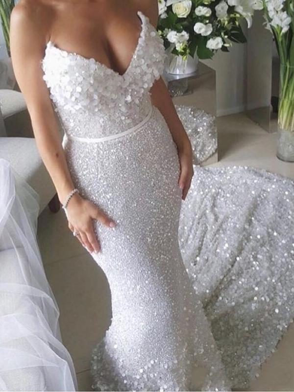 White Sequin Strapless Sexy Mermaid Wedding Dresses 2020