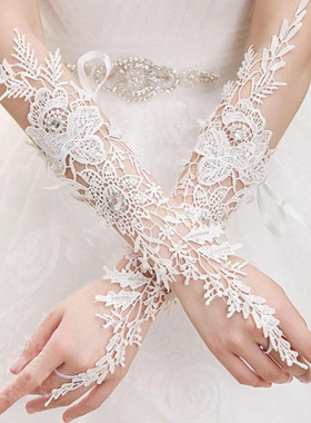 新娘婚庆礼仪手套水溶蕾丝花型钻勾指长手套 Wedding Gloves