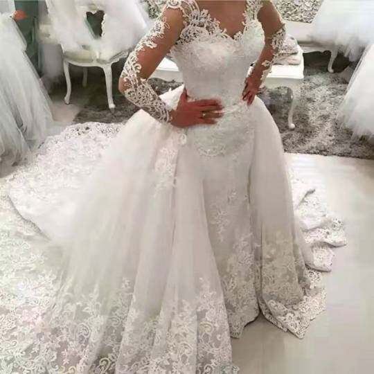 热销长袖蕾丝可拆开的拖尾新娘婚纱Lace African Wedding Gowns