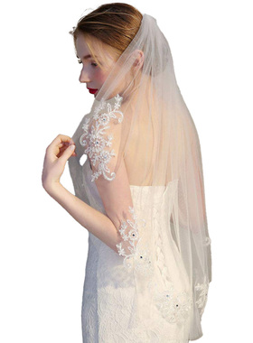 韩式新娘白色蕾丝短款头纱结婚婚纱配饰超仙旅拍Bride Veil T012