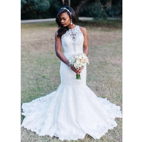 African Style O-Neck Mermaid Wedding Dresses Lace Appliques