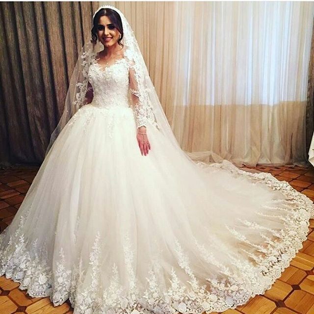 新娘蕾丝长袖拖尾婚纱2018春婚纱大码 Wedding Gown Bridal Dress