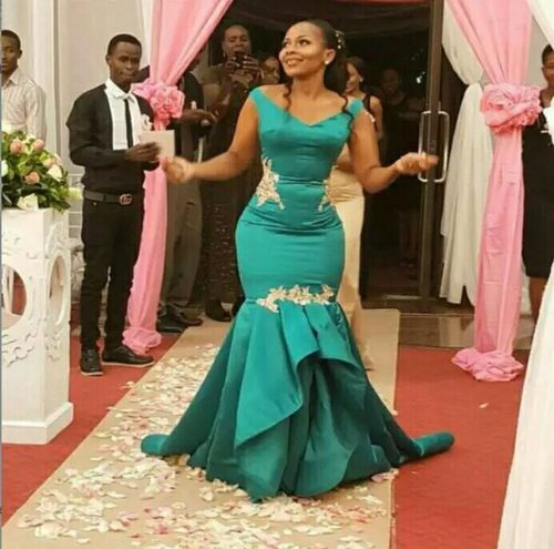 优雅风喇叭袖绿色派对晚礼服裙