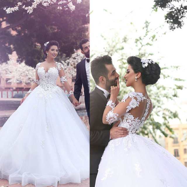 蓬蓬长袖花边新娘结婚白色婚纱 Wedding Bridal Gown Dress 2018