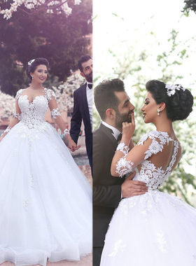 蓬蓬长袖花边新娘结婚白色婚纱 Wedding Bridal Gown Dress 2018