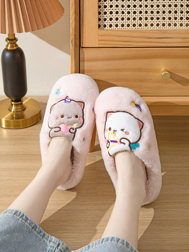 蜜桃猫可爱毛绒拖鞋防滑厚底保暖