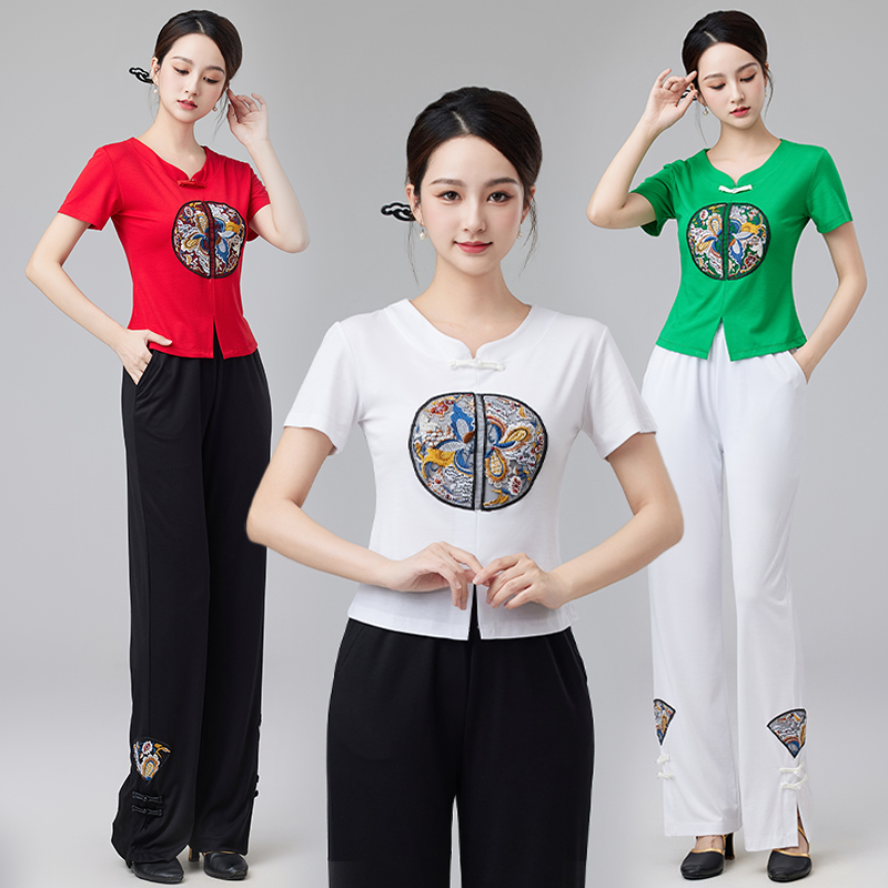 广场舞服装新款套装民族风宽松短袖上衣中老年妈妈跳舞蹈衣服女夏