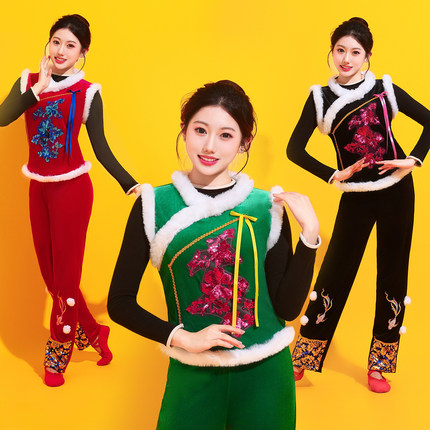 广场舞服装秋冬演出服喜庆民族风秧歌服表演服金丝绒舞蹈衣服套装