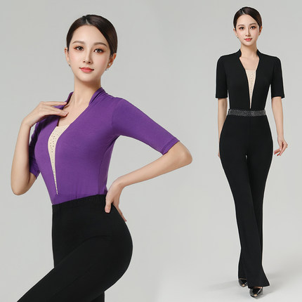 2025新款形体服女瑜伽连体形体训练上衣模特走秀成人中袖舞蹈服夏