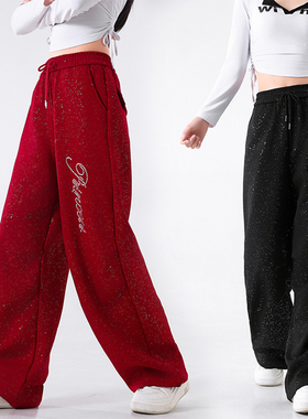 2025新款广场舞服装烫钻亮片阔腿裤女宽松慵懒舞蹈裤休闲运动长裤