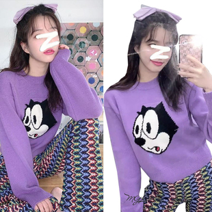 明星同款 上衣 卡通猫咪毛衣女慵懒风软糯针织衫 减龄气质百搭短款